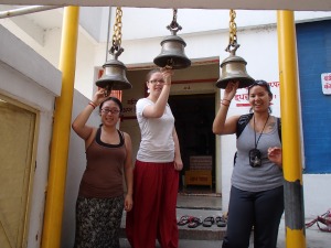 Caitlin, Sarah and I ringing the "doorbells" to the temple. Anyone home? 
