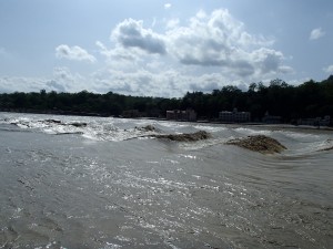 Rapids in the Ganges river caused by the rush of water. The Ganges rose 3 metres above the danger flooding mark in Rishikesh