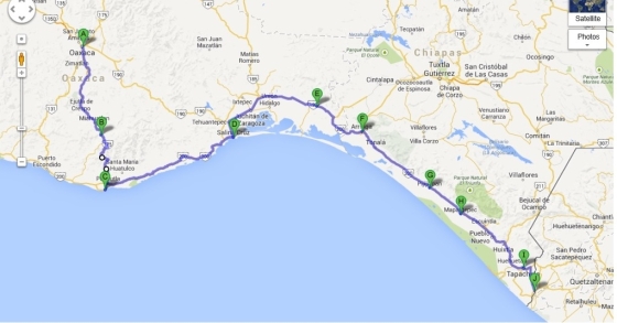 Map of our route in Southern Mexico with some of the spots we visited: a) Oaxaca; b) San Jose del Pacifico; c) Zipolite; d) Salina Cruz e) Zanatepec; f)Arriaga (just after crossing in Chiapas); g) Pijijiapan; h) Mapastepec; I)Tapachula and j) Ciudad Hidalgo (border with Guatemala)